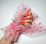 Rękaw do zdjęć tiul różowy w kolorowe kropki brokatowe