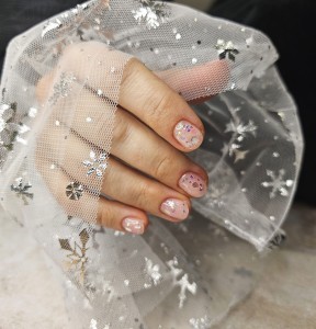 Rękaw do zdjęć paznokci tiul biały śnieżynki srebrne