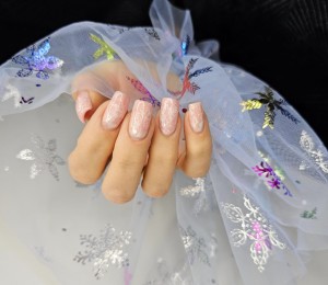 Rękaw do zdjęć paznokci tiul niebieski śnieżynki kolorowe holo