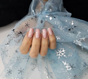 Rękaw do zdjęć paznokci tiul błękitny śnieżynki srebrne